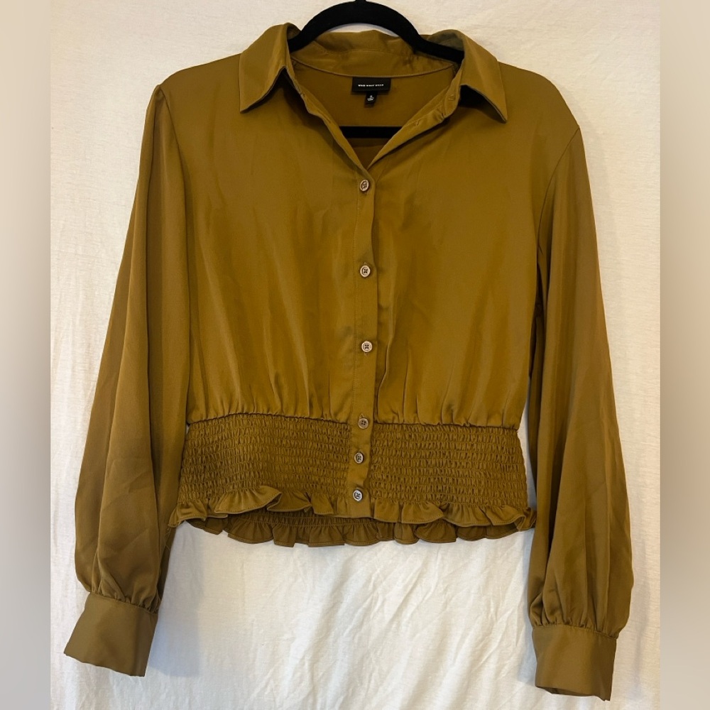 Who What Wear cropped button up blouse with puff sleeves
